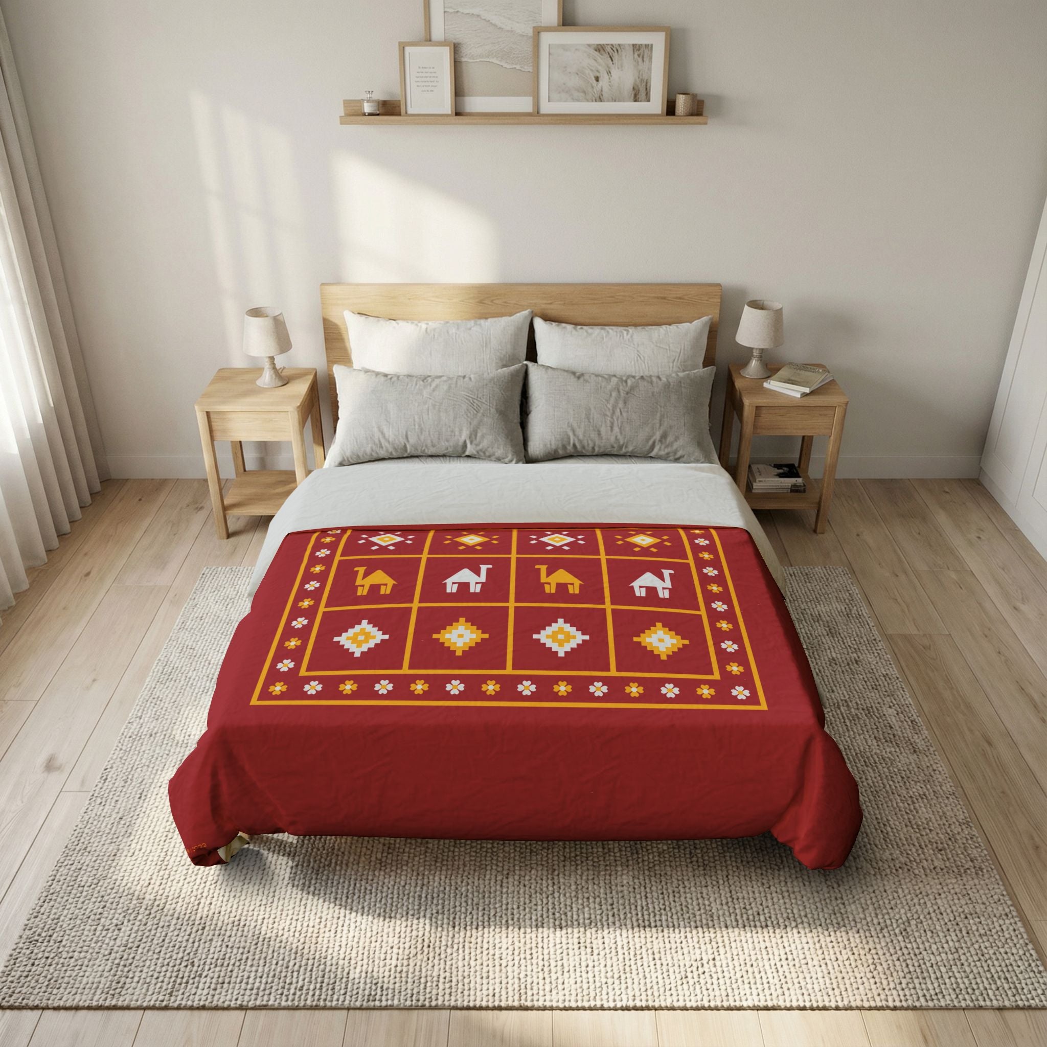 Zemmouri, Red Geometric Camel Cotton Duvet Cover — Boho Moroccan-Inspired Bedding