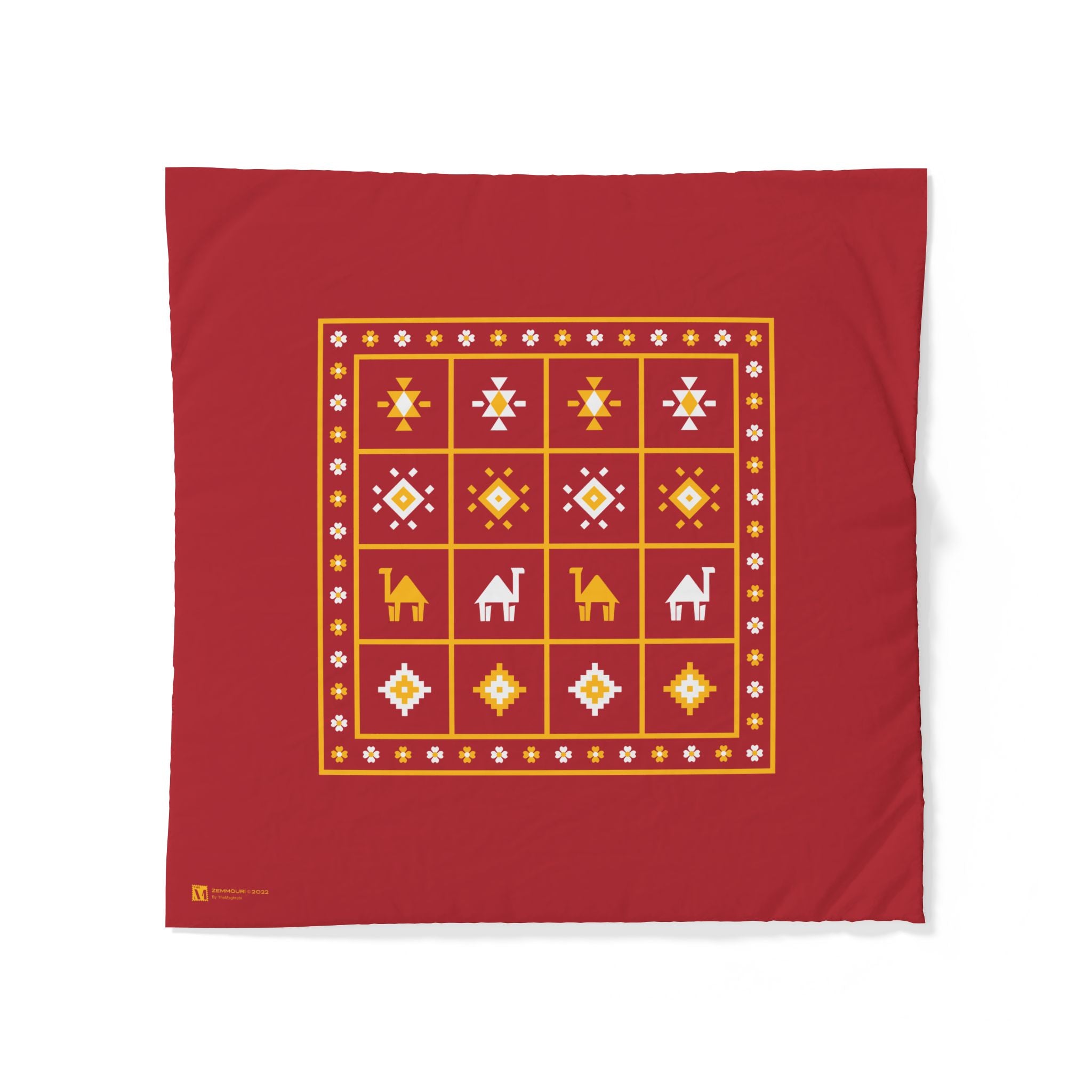 Zemmouri, Red Geometric Camel Cotton Duvet Cover — Boho Moroccan-Inspired Bedding