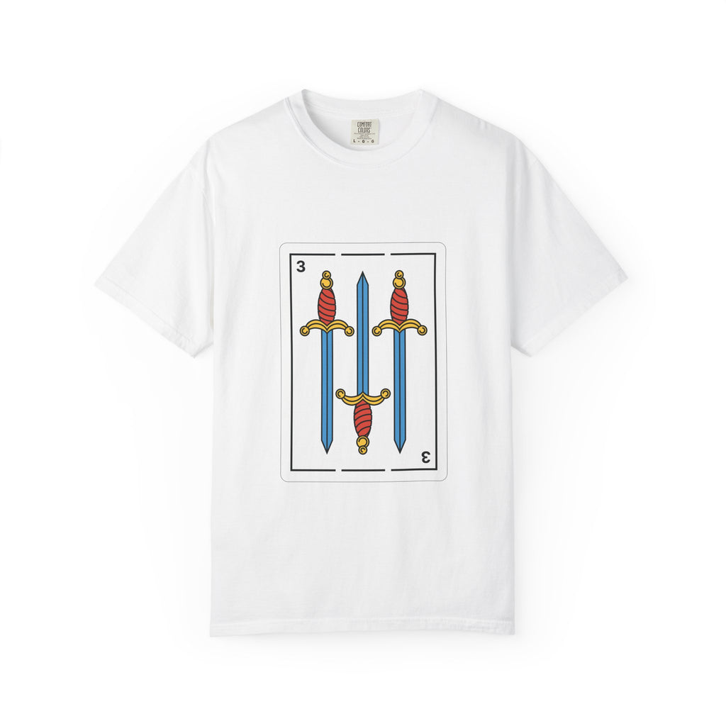 White t-shirt with a card design featuring two swords on a white background