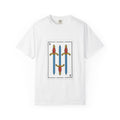White t-shirt with a card design featuring two swords on a white background
