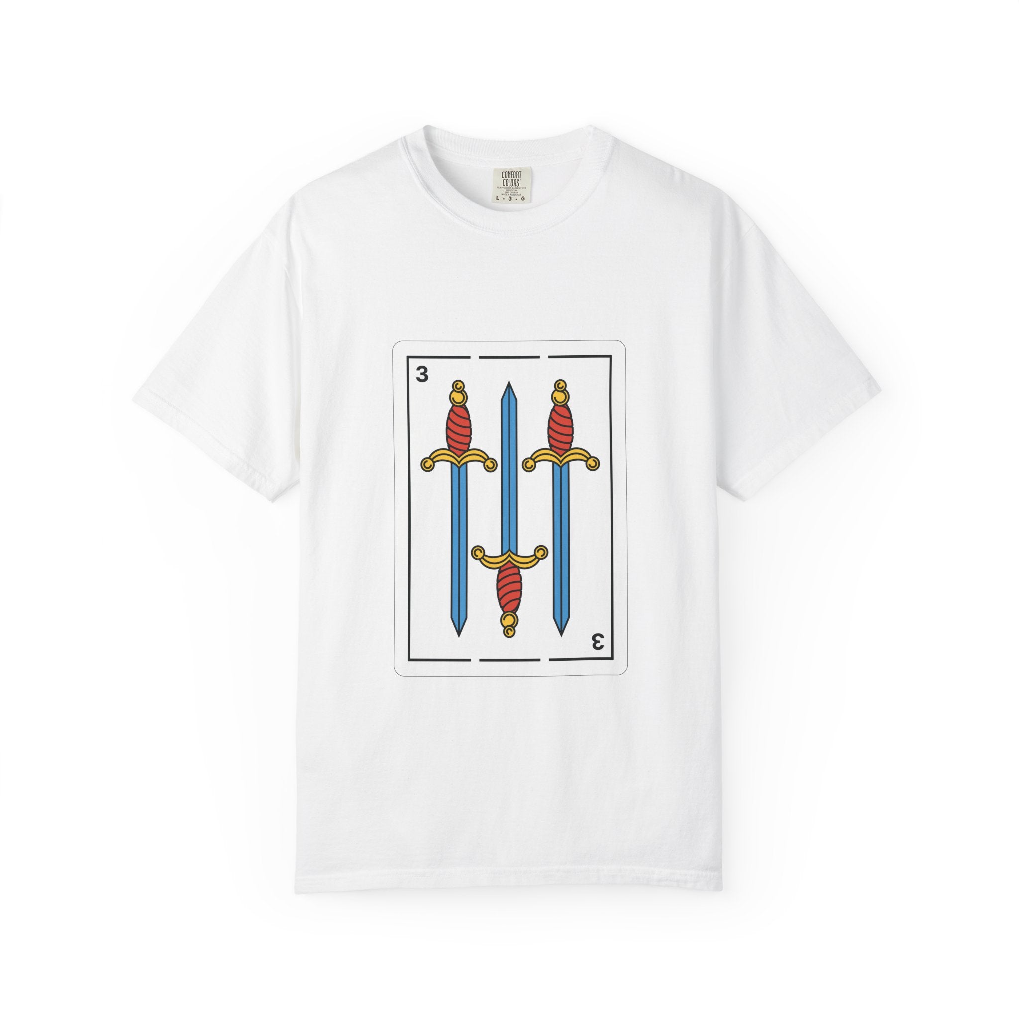 White t-shirt with a card design featuring two swords on a white background