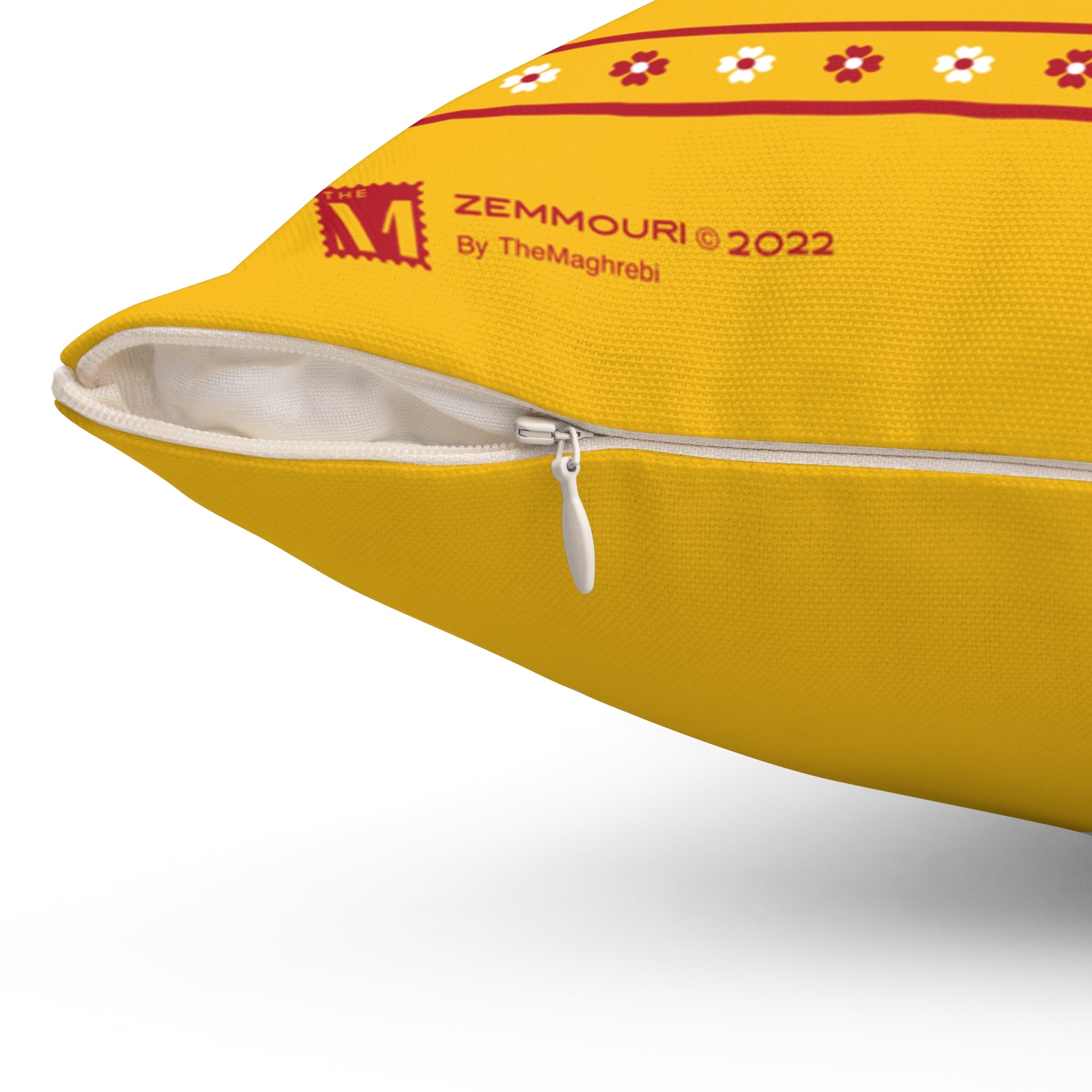 Zemmouri, Arabic Script Floral Pillow — Yellow Square Decorative Throw Pillow with "الزمورية"
